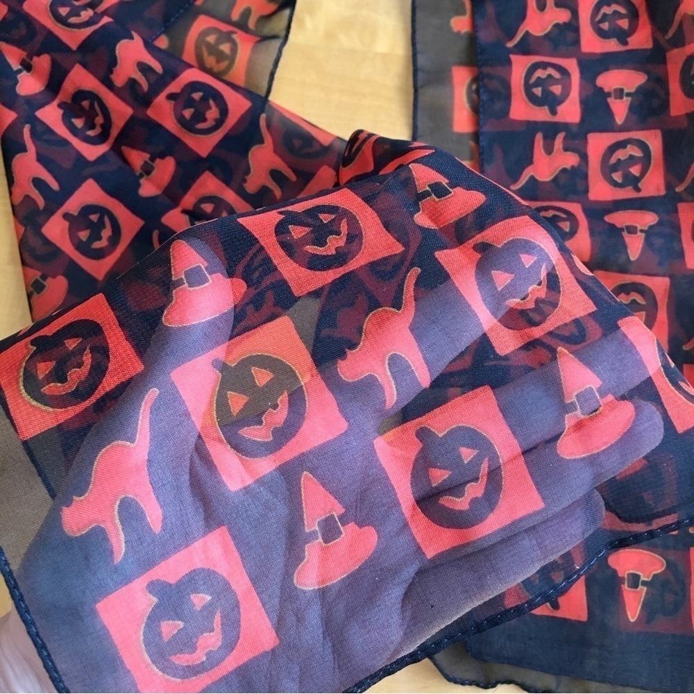 Halloween Patterned Sheer, Lightweight Scarf, Black, Orange - Picture 6 of 10